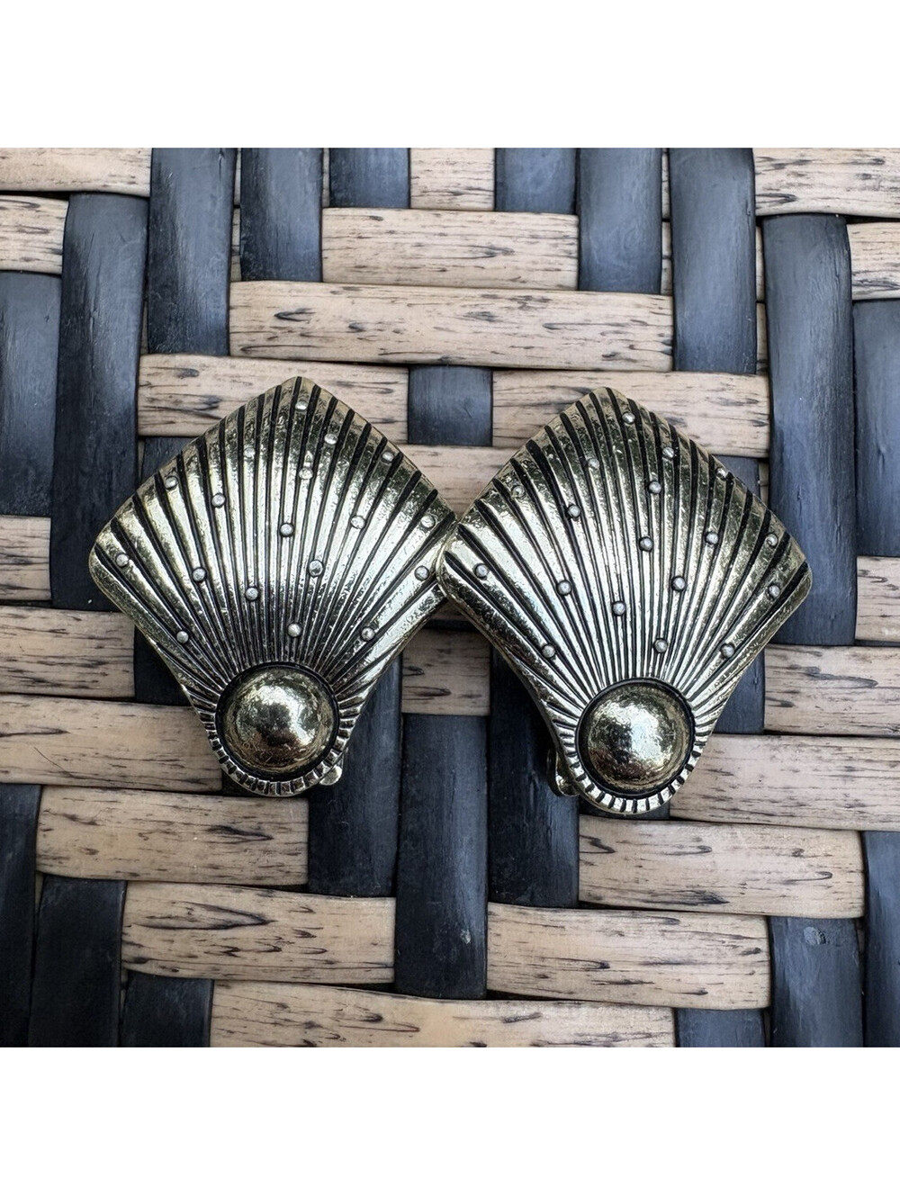 Gold Tone Shell Fan Clip-On Earrings Marked Germany Metal
